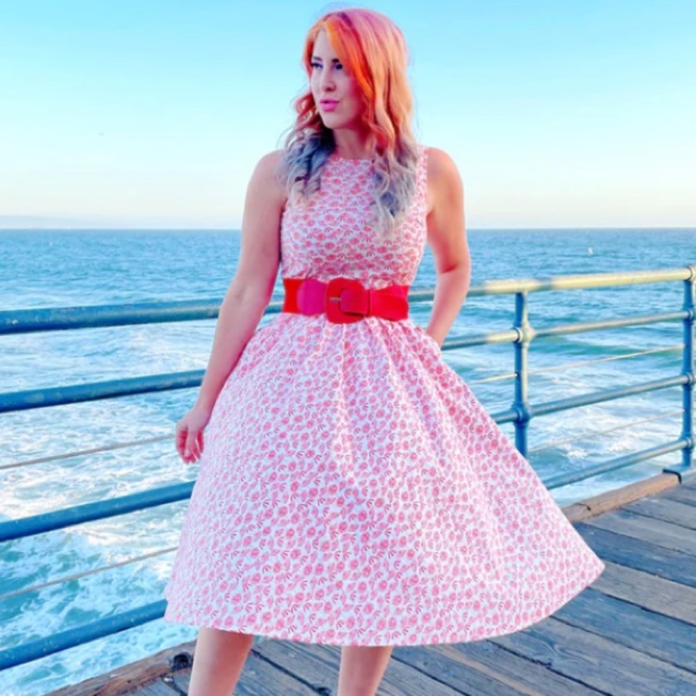 Retrolicious Pink and White Floral Fit-and-Flare Dress with Red Belt